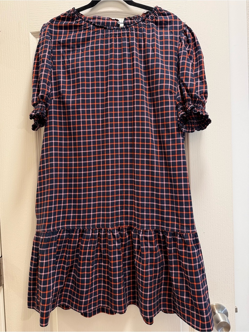 Navy and Red Plaid Midi Dress with Ruffle Hem